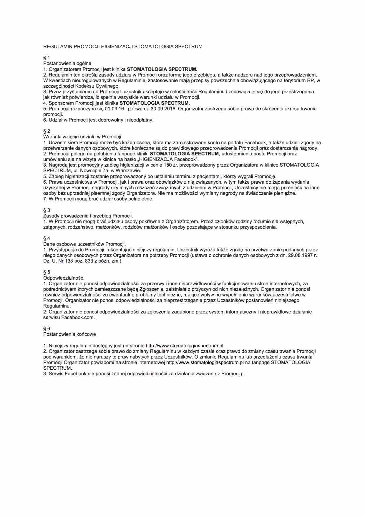 Regulamin promocji higienizacji